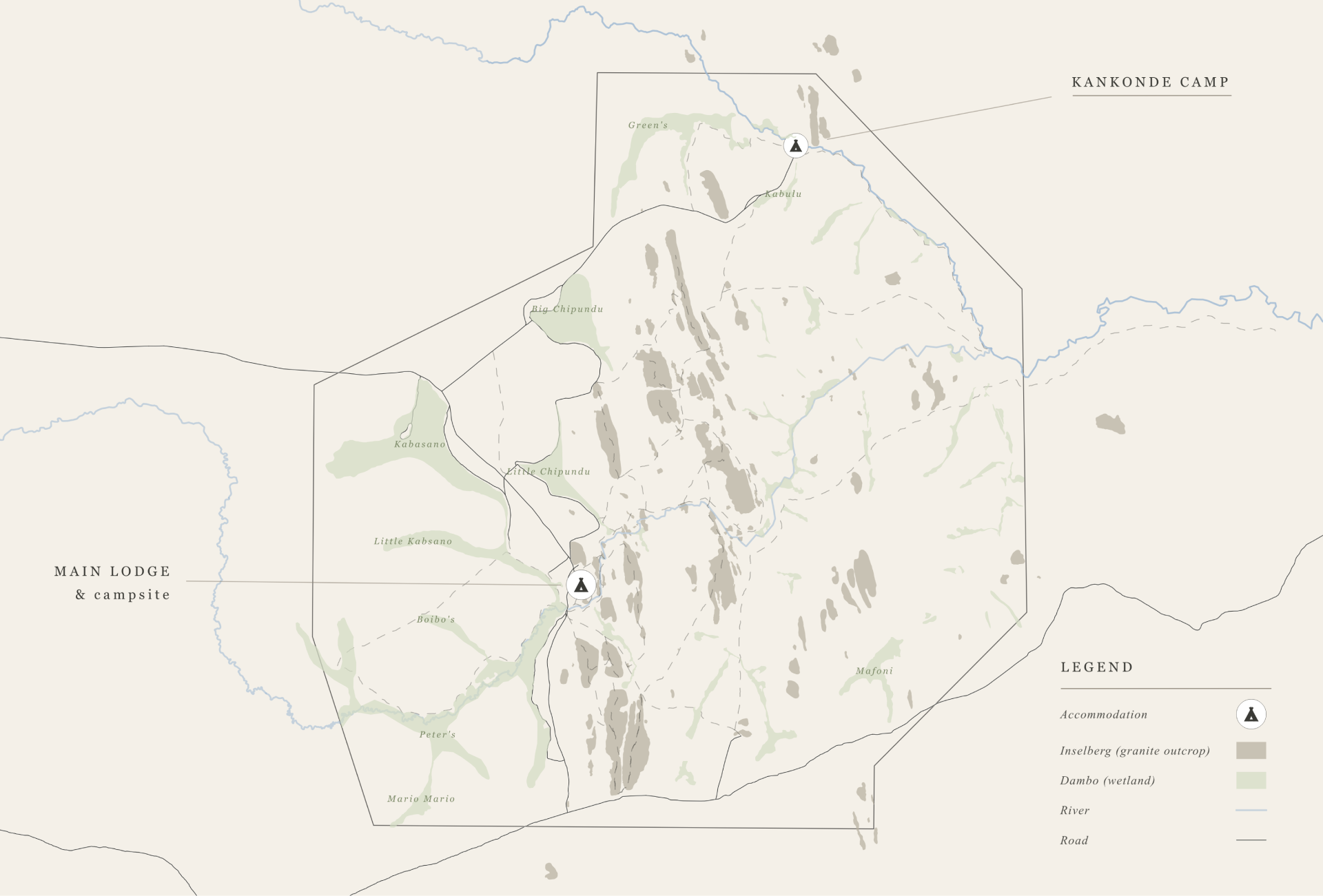 Map of Mutinondo Wilderness property layout showing location of Main Lodge and Kankonde Camp